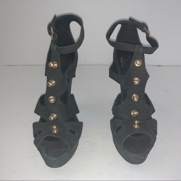 Thomas Wylde Black Leather Gold Stud Heels Sz 8 - Picture 2 of 15